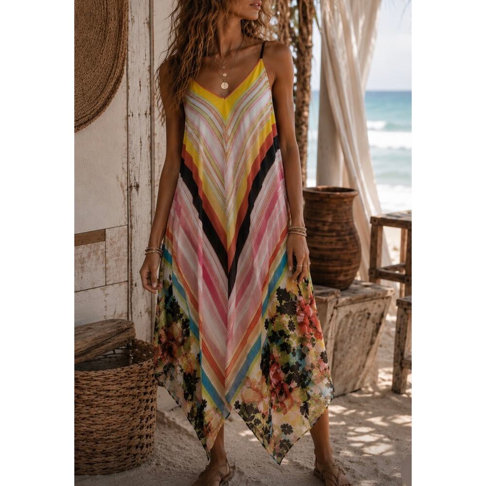 John Paul Richard Sheer Chiffon Asymmetrical Kaftan Dress boho beach cover up S